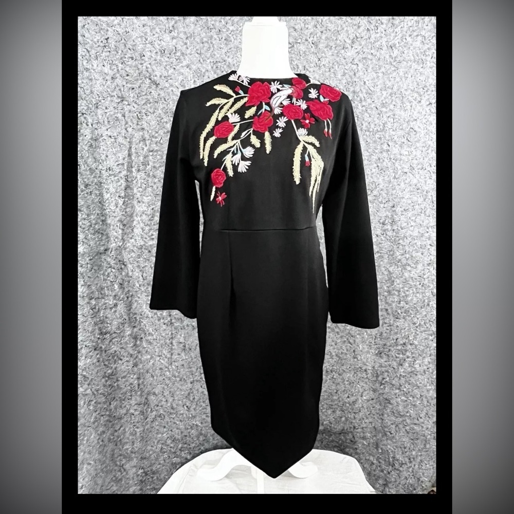 D & R Black Embroidered Hepburn Style Floral Bird Midi Dress Size XXL NWT